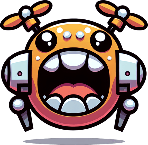 A fun loving hungry cartoon drone with a giant mouth.
Single Game Texture. In-Game asset. 2d. Blank background. High contrast. No shadows.