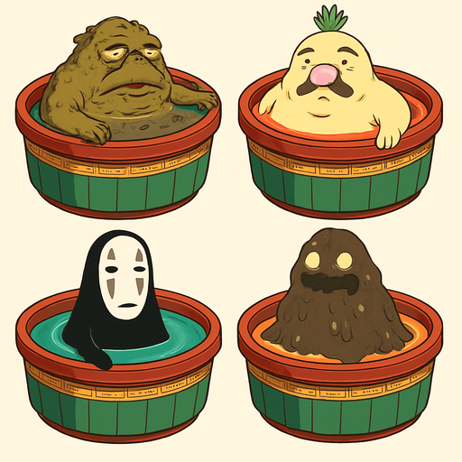 Japanese circle bath have different stink spirits from movie "spirited away". each one per bath. HD colors.
In-Game asset.  2d.  High contrast.  No shadows