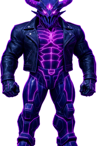 Black leather biker jacket longsleeves bare segmented neon cyberpunk pecs abs muscles robot monster hunk Neon cyberpunk 3d hologram corporate occult demon android mecha robot sentinel guard soldier machine monster fully in frame no part cut off no background anime futuristic Background removed, "Full-body character, entirely in frame, no cropping of face, head, or feet" "Complete character visible, from head to toe, fully centered in the image" "Entire character, including face and boots, fully within the frame" Character fully contained within a square frame, no edges cut off  horns through boots