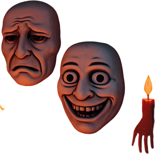 3D Scary room with many 3D decorations around, 3D scary masks of memes around it.
In-Game asset.  3D.  High contrast.  No shadows. no jesus cross. no star of 6. no start of 5. no devil. HD colors
