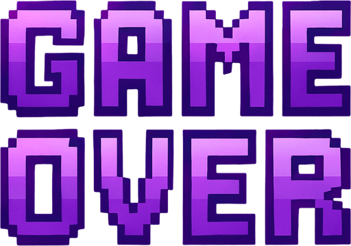 Pixel art “Game Over” text, bold retro arcade style, purple tones, glitch-free, clean and dramatic for rhythm game UI..
In-Game asset.  2d.  High contrast.  No shadows