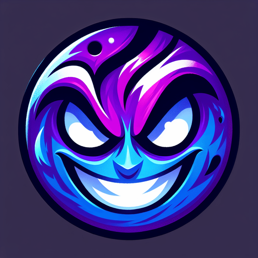 an evil looking emoji. purple and blue colors..
Single Game Texture. In-Game asset. 2d. Blank background. High contrast. No shadows.