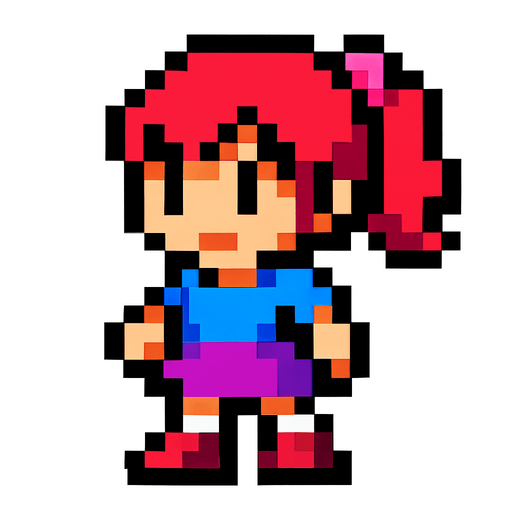 pikselli bir karakter ama kız.
In-Game asset.  2d.  High contrast.  No shadows