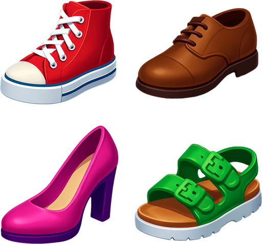 Pack of different shoes.
In-Game asset.  High contrast.  No shadows. 3D