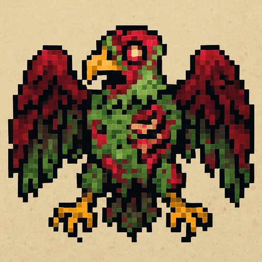Uma águia zumbi, vista aérea, estilo pixel art.
In-Game asset.  2d.  High contrast.  No shadows