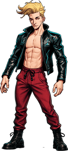 Swishy graceful man Cyberpunk manga, facing forward idle pose shiny black leather biker jacket longsleeves shirtless Skinny abs blonde pompadour guy, action shot wine red joggers combat boots, Background removed, "Full-body character, entirely in frame, no cropping of face, head, or feet" "Complete character visible, from head to toe, fully centered in the image" "Entire character, including face and boots, fully within the frame" Character fully contained within a square frame, no edges cut off fashion model pose