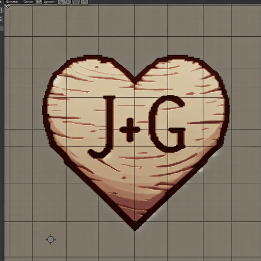 J+G ingrained in a heart, on wood by a knife.
Single Game Texture. In-Game asset. 2d. Blank background. High contrast. No shadows.