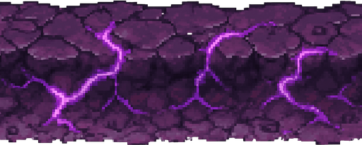 "High-quality 2D pixel art of a corrupted, infected soil tile designed as a horizontal strip. The terrain appears as a thin, straight line of dark purple, violet, and magenta tones, resembling infected earth. Cracks, glowing purple veins, and subtle texture details give it a diseased, magical look. The line is seamless and tileable, ideal for use as a corrupted ground border or floor edge in a fantasy RPG. Style is clean and detailed 16-bit pixel art. Transparent background