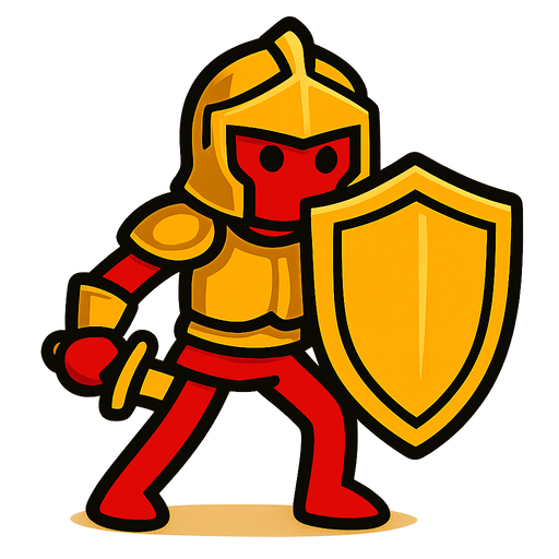 A red stickman with a big golden shield and golden armor.
In-Game asset.  2d.  High contrast.  No shadows