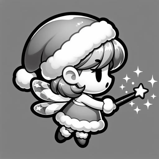 Profile view of a cute little fairy with a santa hat and a magic wand. Flying in the right direction. Single Game Texture. In-Game asset. 2d. Blank background. High contrast. No shadows.