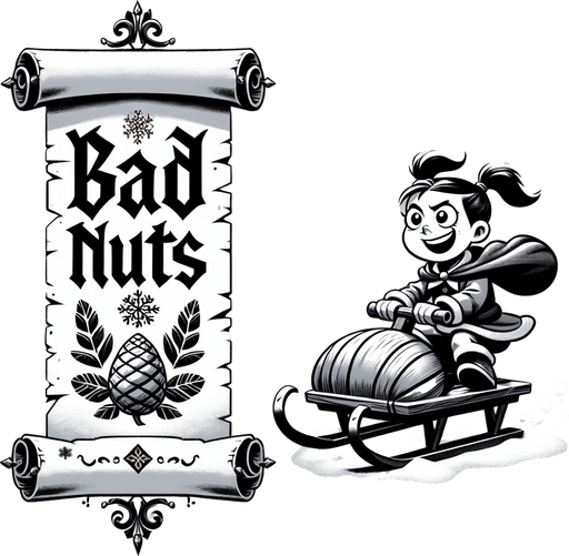 a pergament letter with the name "Bad Nuts". It has a evil looking little girl brat with a ponytail on a sledge on it. vertical. Single Game Texture. In-Game asset. 2d. Blank background. High contrast. No shadows.