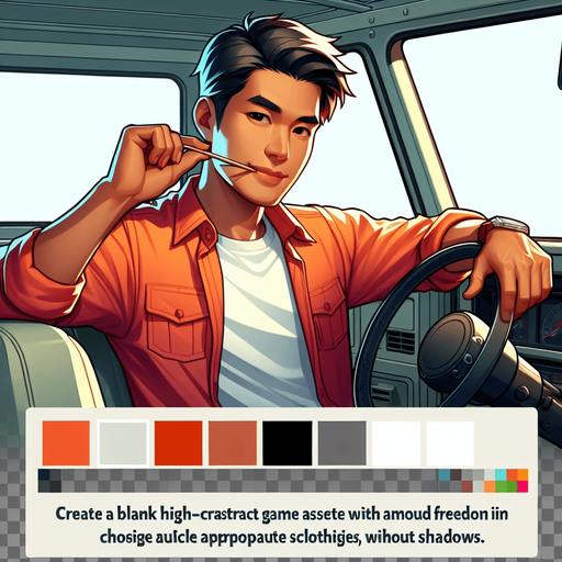 Draw a man in a colorful image with a toothpick in his mouth and behind the steering wheel..
Single Game Texture. In-Game asset. 2d. Blank background. High contrast. No shadows.