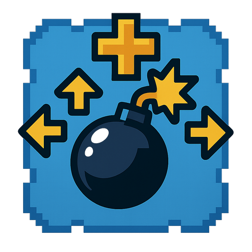 powerup icon for an additional range of the bomb explosion you can throw, retro arcade game.
In-Game asset.  2d.  High contrast.  No shadows