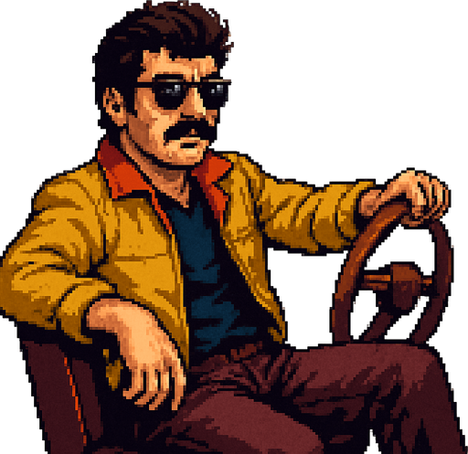 pixel art image of a 34-year-old cool-looking driver guy in a vintage retro 1980s style, Turkish style depicted in a 3/4 view. The driver should be leaning back casually, exuding confidence and style, with one hand on the wheel as if driving. Single Game Texture. In-Game asset. 2d. Blank background. High contrast. No shadows.