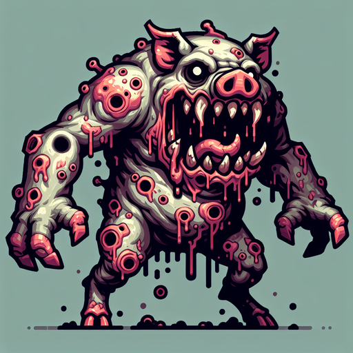 monster pig horrorific.
Single Game Texture. In-Game asset. 2d. Blank background. High contrast. No shadows.