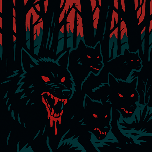 a dark forest with bloodthirsty black wolves.
In-Game asset.  2d.  High contrast.  No shadows