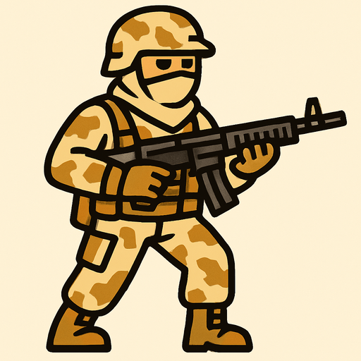silahlı çöl kıyafeti giyen bir asker.
In-Game asset.  2d.  High contrast.  No shadows
