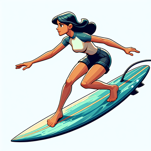 A surfer standing and riding on a surfboard. Side profile. Cartoon. Full body. 
Single Game Texture.  In-Game asset.  2d.  Blank background.  High contrast.  No shadows
