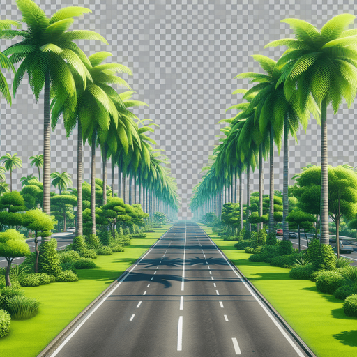 four-lane road with green lawns and palm trees.
Single Game Texture. In-Game asset. 2d. Blank background. High contrast. No shadows.