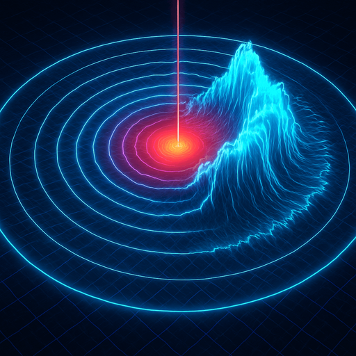Growing expanding outward Overhead digital simulation hologram of oceanic meteor impact tsunami wave shockwave radius circle outward crashing neon cyberpunk 3d diagram