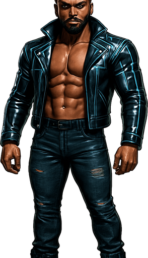man Cyberpunk manga, African American hunk, shiny black leather biker jacket longsleeves shirtless muscles pexs abs, dreadlocks topknot updo, jeans combat boots, Background removed, "Full-body character, entirely in frame, no cropping of face, head, or feet" "Complete character visible, from hair to boots, fully centered in the image" "Entire character, including face and boots, fully within the frame" Character fully contained within a square frame, no edges cut off fashion model idle pose facing forward