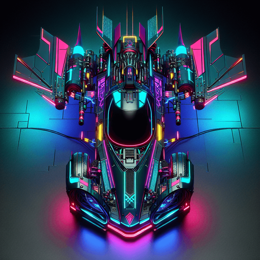 Neon cyberpunk flying car.
Single Game Texture.  Blank background.  High contrast.  No shadows. Top-down