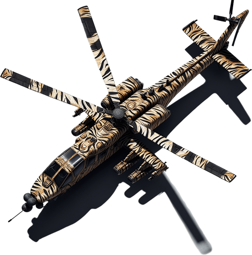 tiger stripe helicopter war.
Single Game Texture.  In-Game asset.  2d.  Blank background.  High contrast.  No shadows