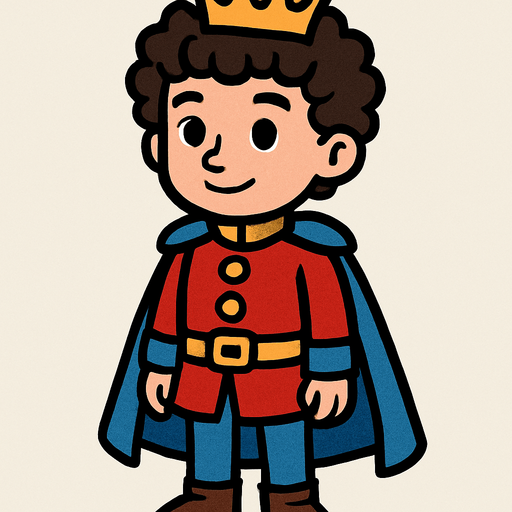 prens kıvırcık saçlı ayakta sakalsız.
In-Game asset.  2d.  High contrast.  No shadows