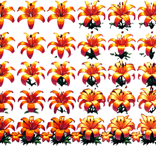 A sprite sheet of different orange tiger lily seen from above. Cartoon. All similar size. Just the blossom. Bold colors and shading. 
Single Game Texture. In-Game asset. 2d. Blank background. High contrast. No shadows.
