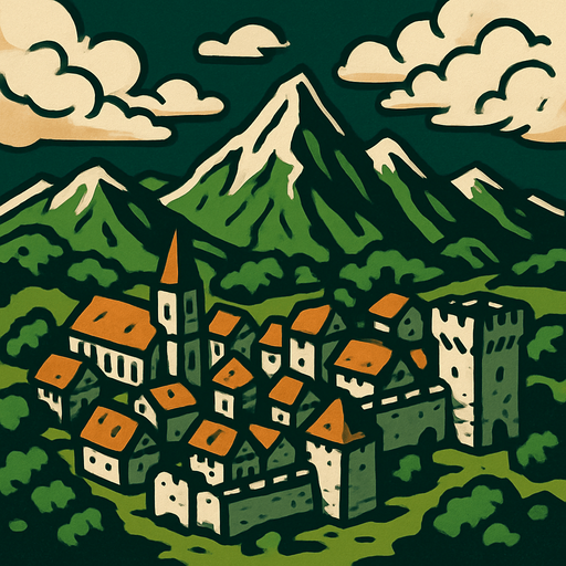 Üstten görünen bulutlu bir hava va aşağıda dağlar ve orta çağ kasabası.
In-Game asset.  2d.  High contrast.  No shadows