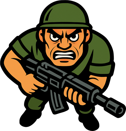 Yukardan bakış asker ve yüz ekle sinirli.
Elinde büyük bir silah var In-Game asset.  2d.  High contrast.  No shadows