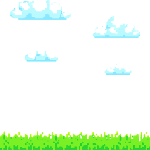 Create a pixel art background image for a 2D mobile game in portrait orientation.

The scene should feature a bright blue sky with some pixelated white clouds, and a grassy green field at the bottom.

Use a colorful, retro pixel art style (16-bit style), keeping the image light and cheerful.

The background should not include any characters or objects, only environment elements.

Leave space in the middle of the screen for gameplay elements (like the grid of boxes).

Make sure the image loops or tiles well if needed..
In-Game asset.  2d.  High contrast.  No shadows