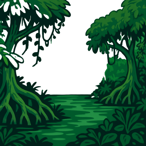 A swampy background with mangrove trees and overall overgrown but lush aesthetics.
In-Game asset.  2d.  High contrast.  No shadows