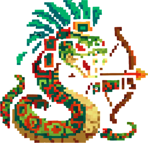Genérame una Boa de arcoiris guerrero azteca con eso patrones, estilo pixelar, con una apariencia maligna, ojos rojos, rabioso. Unidad a distancia, con un arco o cerbatana. Animal.
In-Game asset.  2d.  High contrast.  No shadows