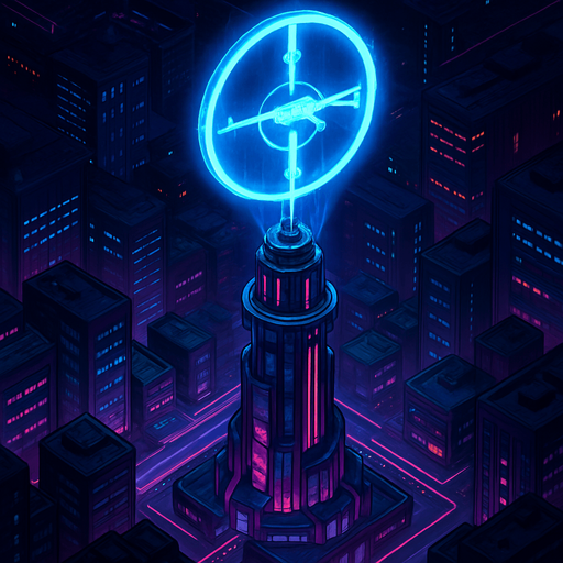 Top down isometric neon cyberpunk anime talk futuristic tower spire 3d sniper bullseye gun symbol glowing hd large hologram over top