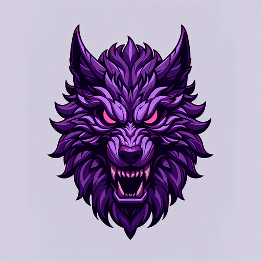 stylized purple  werwolf head.
Single Game Texture. In-Game asset. 2d. Blank background. High contrast. No shadows.