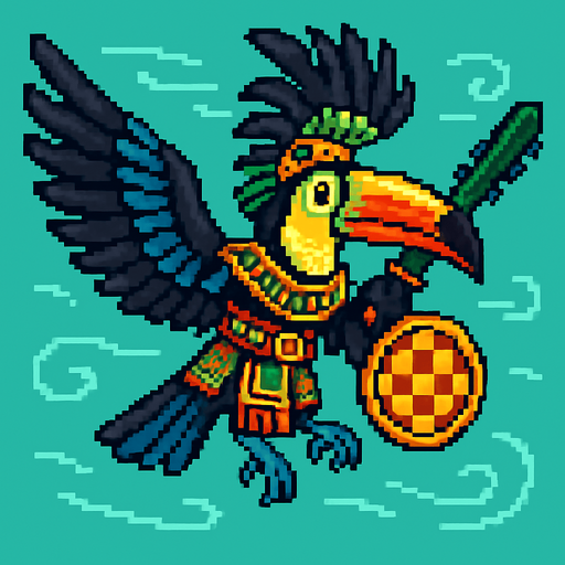 Generame un guerrero azteca con patrones, estilo pixelar, además será Tucán toco , unidad voladora con alas, con efectos de viento. Tiene que ser un animal..
In-Game asset.  2d.  High contrast.  No shadows
