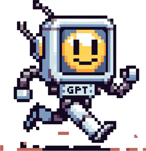 pixel art of a chat gpt robot running with gpt engraved on his chest and a smiley face on his robot visor.
Single Game Texture. In-Game asset. 2d. Blank background. High contrast. No shadows.