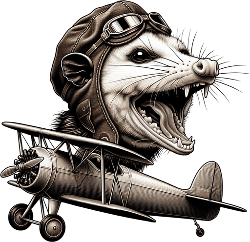 Opossum in aviator cap, flying bi plane. Realistic Opossum , screaming opossum, ugly art style, meme, mouth open, side view
Single Game Texture. In-Game asset. 2d. Blank background. High contrast. No shadows.