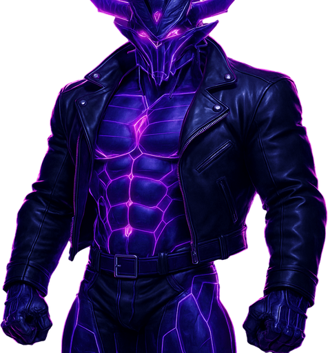 Black leather biker jacket longsleeves bare segmented neon cyberpunk pecs abs muscles robot monster hunk Neon cyberpunk 3d hologram corporate occult demon android mecha robot sentinel guard soldier machine monster fully in frame no part cut off no background anime futuristic