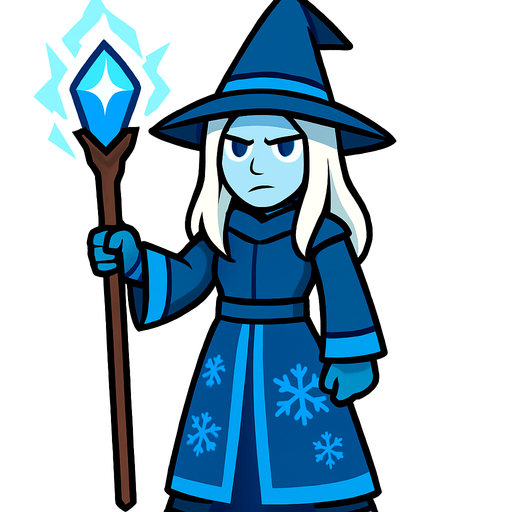 A female mage with pale skin, long white hair, wearing a long blue robe and a pointed blue hat, holding a glowing icy staff with a blue crystal, snowflake patterns on robe, cold expression, simple background, front-facing, no background, 2D game character.
In-Game asset.  2d.  High contrast.  No shadows