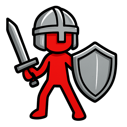 Red stickman with an iron helmet, iron sword and iron shield.
In-Game asset.  2d.  High contrast.  No shadows. No eyes