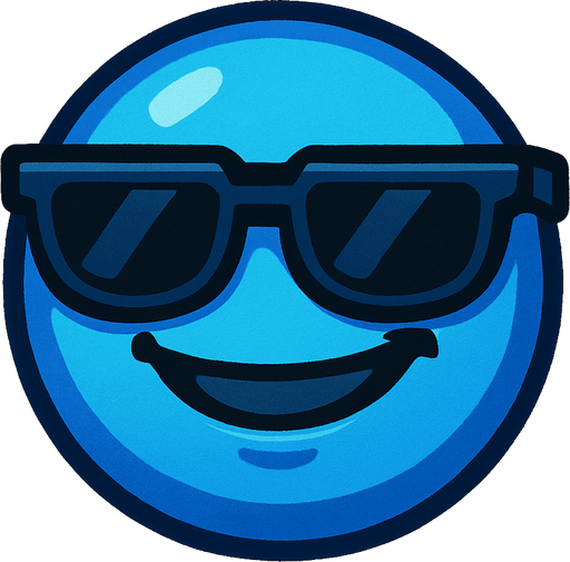 A cool blue round ball.
In-Game asset.  High contrast.  No shadows He has sunglasses and a cool smile
