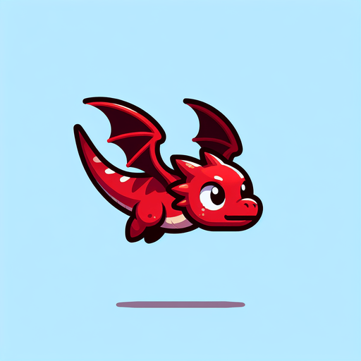 a red dragon looking ambitious and has a young age.
Single Game Texture.  In-Game asset.  2d.  Blank background.  High contrast.  No shadows. flappy bird like dragon low detail,flying on blank background has a straight tail and detailles