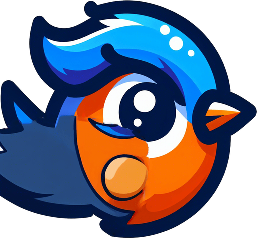 Blue wing flapped up on orange bird. Cartoon style. Dark blue outlines.