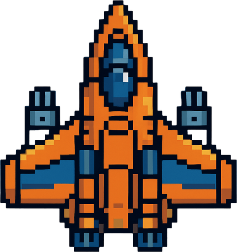 Una nave espacial futurista mirada desde arriba en pixel art.
In-Game asset.  2d.  High contrast.  No shadows
