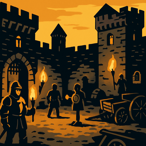 A medieval castle courtyard at dusk, guards patrolling, torches lit, training dummies and old carts, surrounded by stone walls and towers.
In-Game asset.  2d.  High contrast.  No shadows