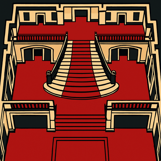 una mansion con piso rojo vista completa y totalmente desde arriba y desde dentro con una escalera grande igual que la de scarface la pelicula y pasillos a los lados.
In-Game asset.  2d.  High contrast.  No shadows