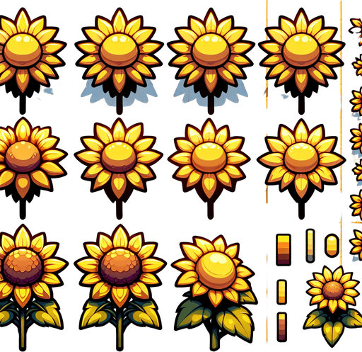 A sprite sheet of different yellow sunflowers seen from above. Cartoon. All similar size. Just the blossom. Bold colors and shading. 
Single Game Texture. In-Game asset. 2d. Blank background. High contrast. No shadows.