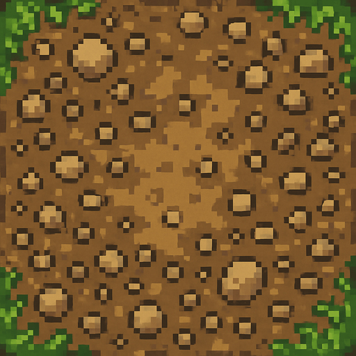 Top-down view of a single cartoon-style dirt and gravel path tile, seen from above, 2D game style, seamless and repeatable texture, hand-drawn or pixel-art style, natural colors, a mix of packed earth and scattered small stones, 32x32 sprite..
In-Game asset.  2d.  High contrast.  No shadows